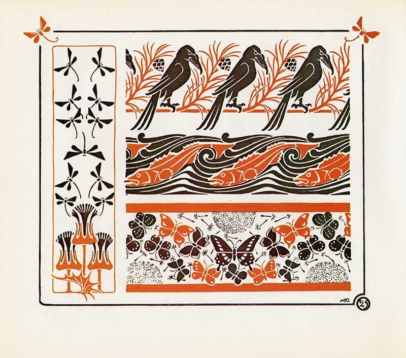 Combinaisons Ornementales plate with black birds, orange fish, butterflies, and repeating nature-inspired decorative bands.