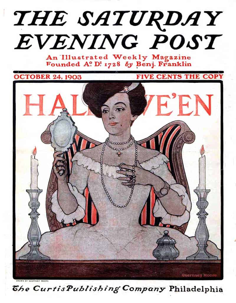 Guernsey Moore Halloween cover for The Saturday Evening Post, October 24, 1903, with a woman holding a mirror by candlelight.