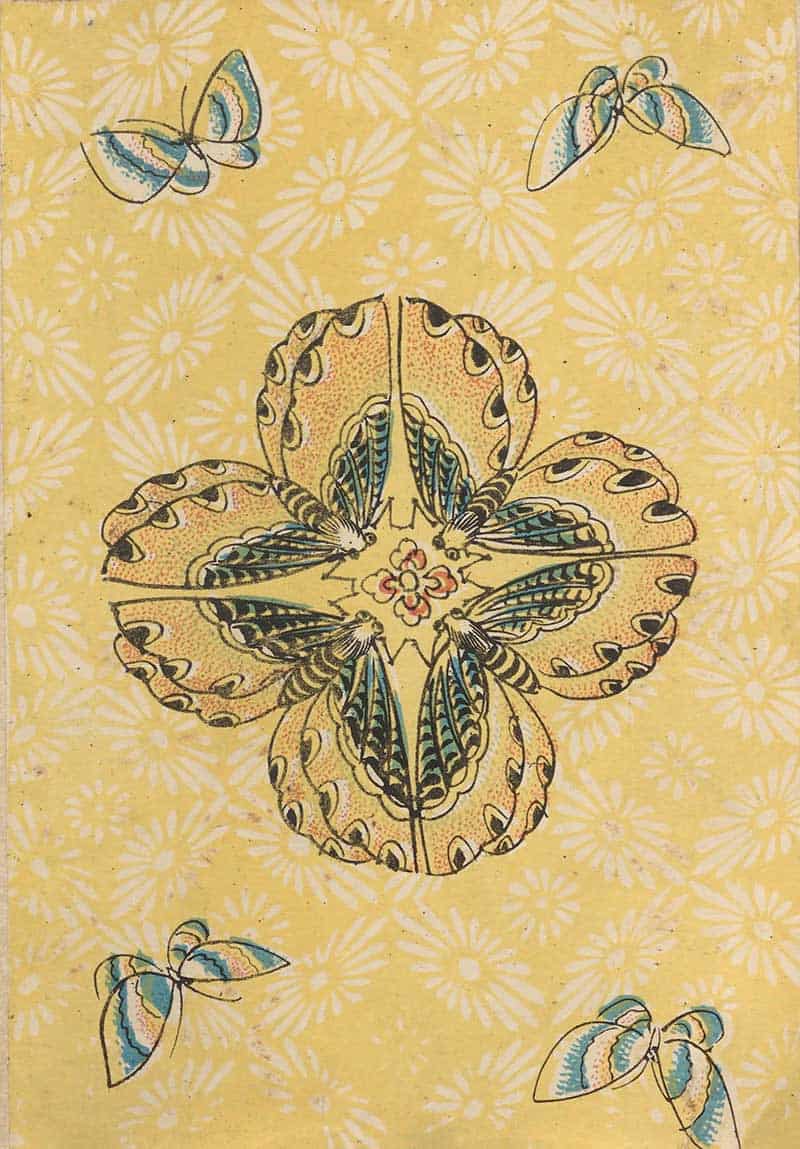 Yellow floral background with stylised blue butterflies around a circular butterfly motif in a vintage decorative print