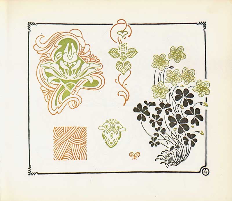 Combinaisons Ornementales plate of floral and foliate Art Nouveau motifs in green, orange, black, and gold.