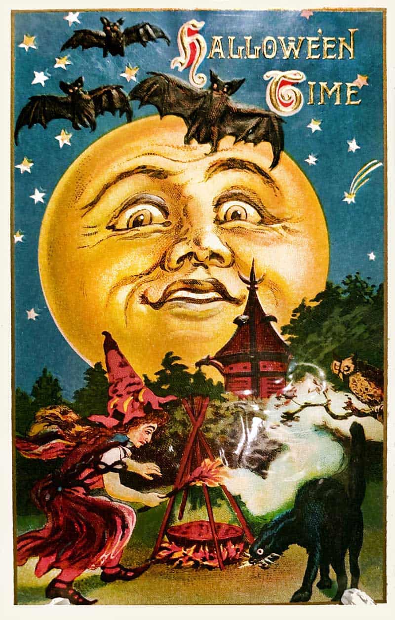 Halloween Time postcard with a full moon face, flying bats, witch by a cauldron and black cat.