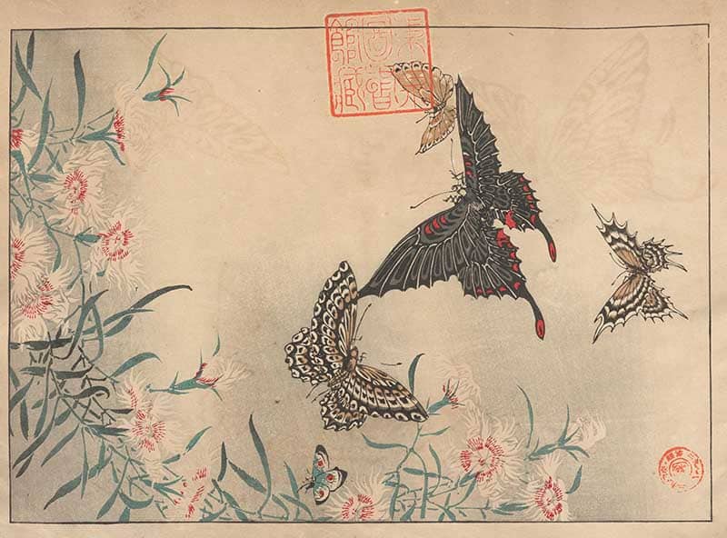 Large dark swallowtail-style butterfly and smaller butterflies near flowers in a vintage Japanese-style natural history print