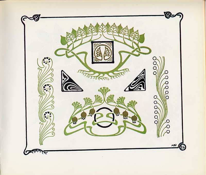 Combinaisons Ornementales plate with green eye-like foliage forms, triangular details, and delicate black line decoration.