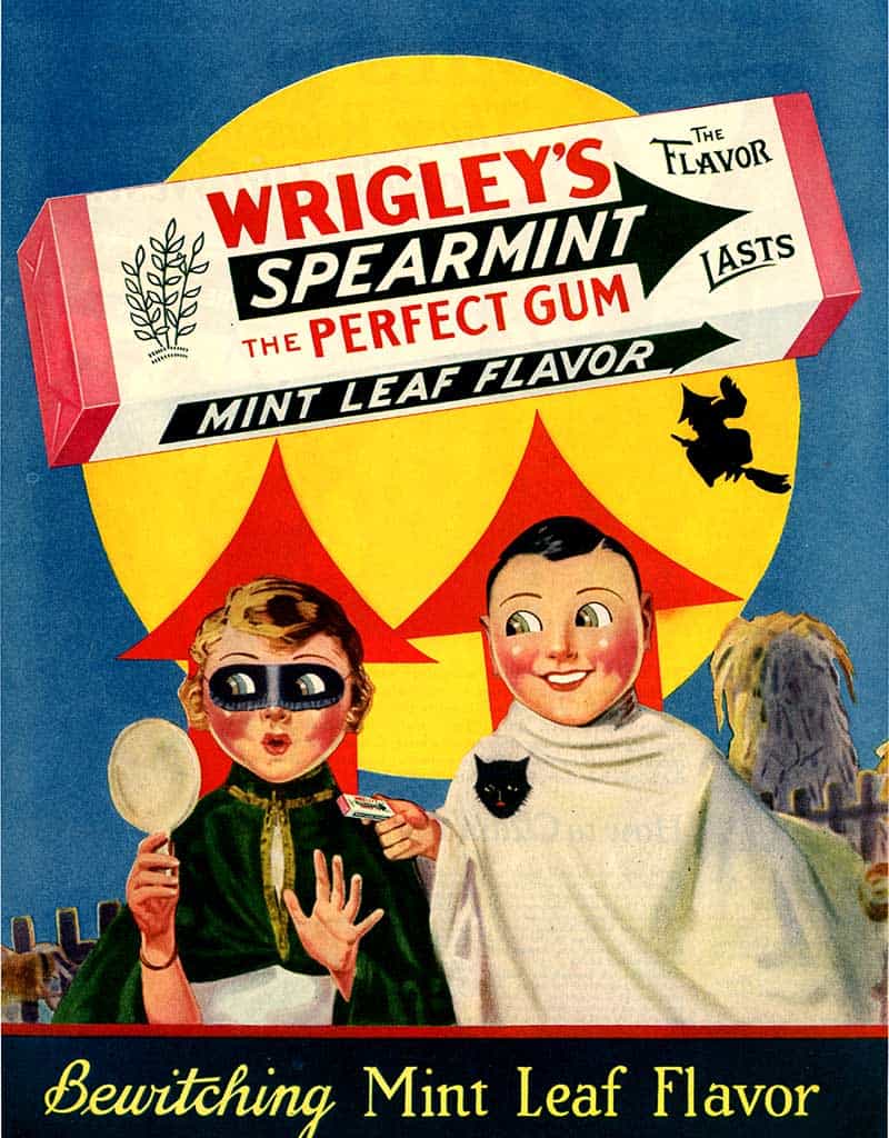 Wrigley’s Spearmint “The Perfect Gum” Halloween 1929 ad with children dressed as a bat and ghost before a full moon.