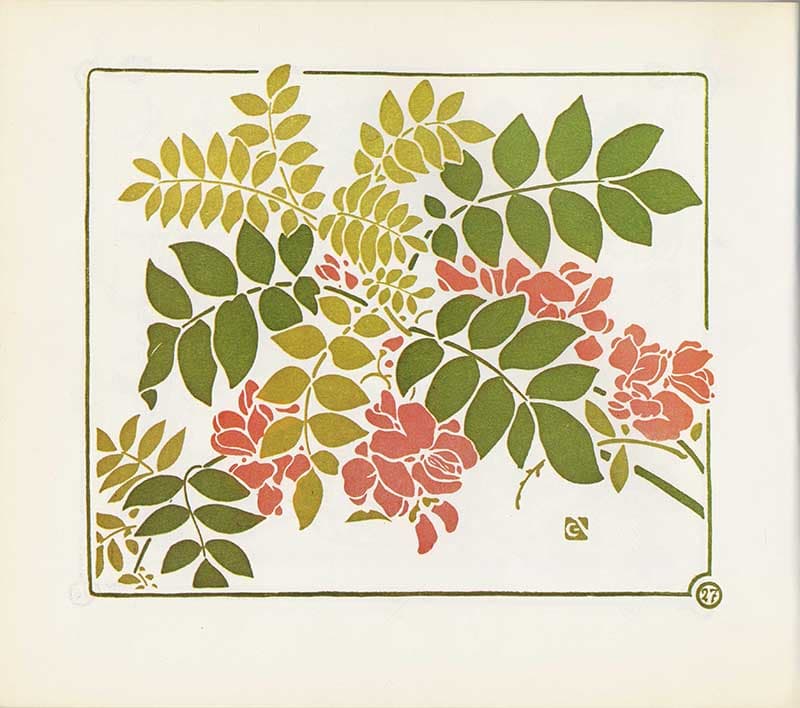Combinaisons Ornementales plate showing green leaves and coral-red flowers in a flat botanical decorative composition.