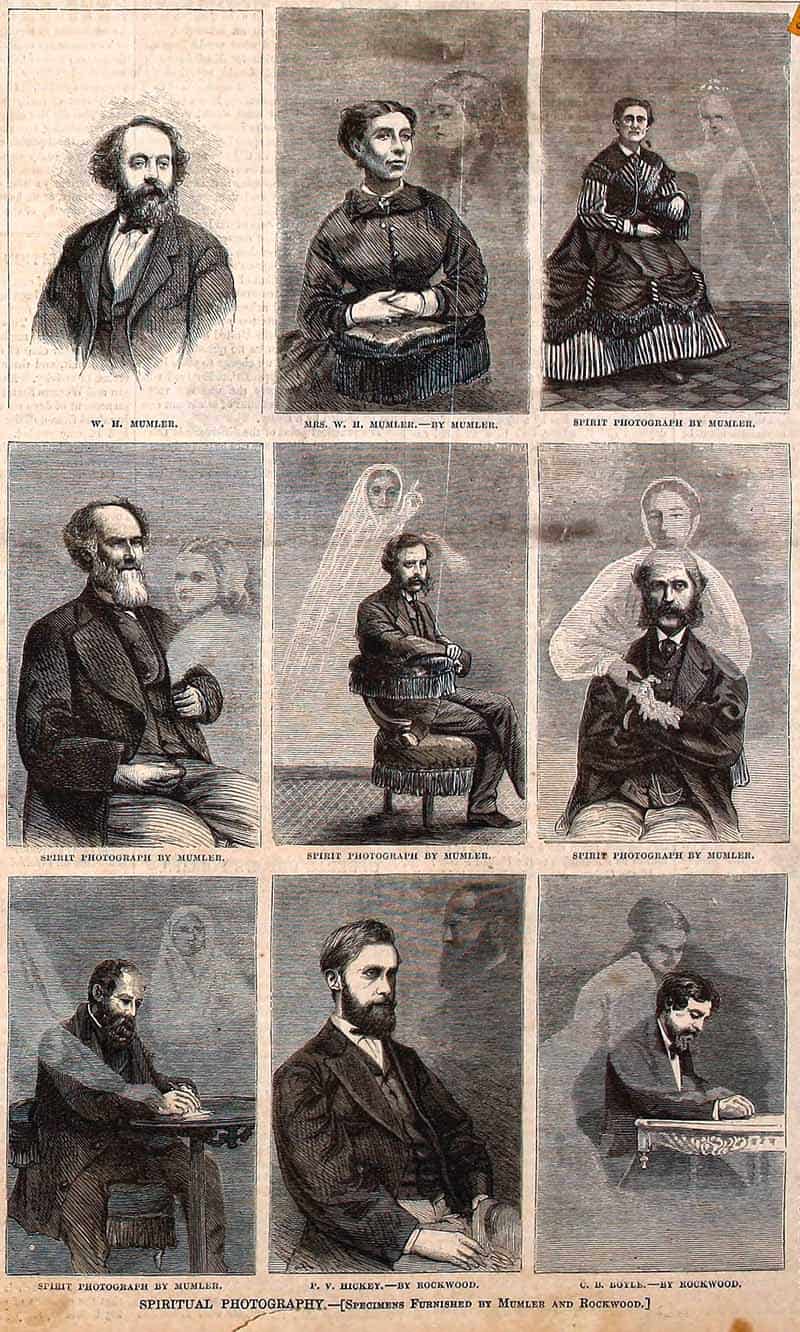 Harper’s Weekly spiritual photography montage showing William H. Mumler and several ghost photograph portraits.