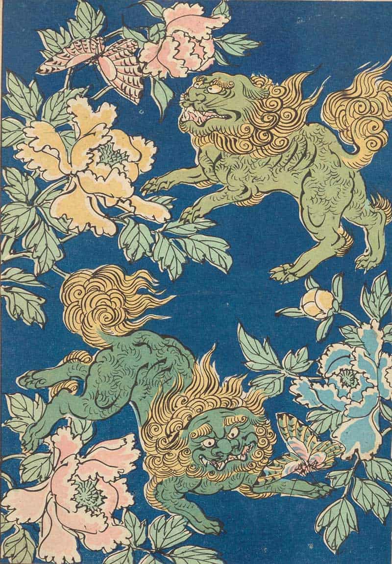 Green lion figures among peonies on a blue vintage decorative print with butterfly-inspired ornamental style