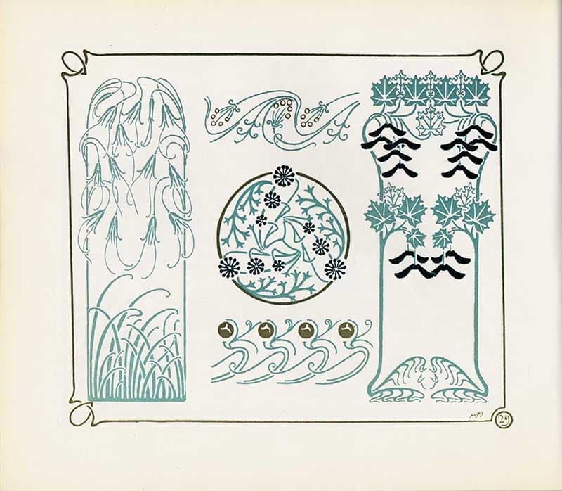 Combinaisons Ornementales plate with turquoise plant panels, wave borders, black accents, and stylized aquatic motifs.