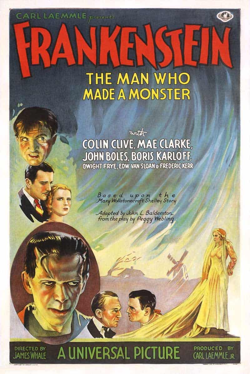 Frankenstein “The Man Who Made a Monster” 1931 Universal Pictures poster with Boris Karloff and cast portraits.