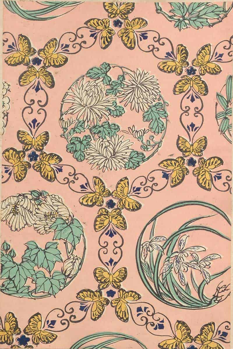 Pink background with repeated yellow butterflies, flowers, and circular botanical medallions in a vintage decorative print
