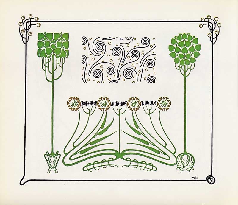 Combinaisons Ornementales plate with tall green floral stems, spiral black patterns, and geometric plant ornament.