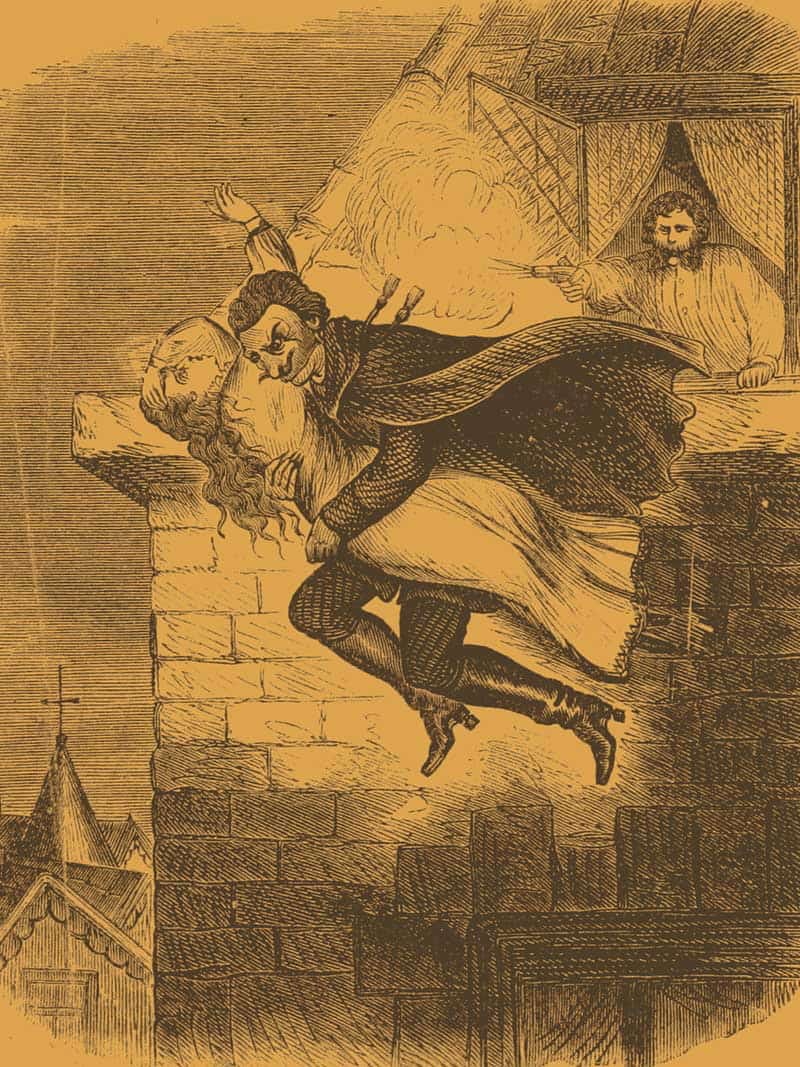 Spring-Heeled Jack penny dreadful illustration of a caped figure leaping from a rooftop.