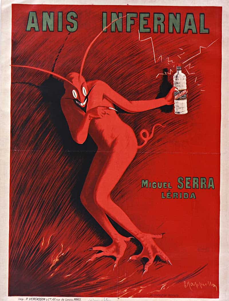 Leonetto Cappiello poster for Anis Infernal Miguel Serra Lerida with a red devil holding a bottle.