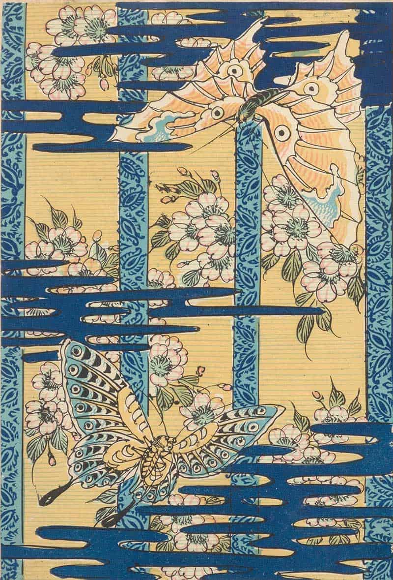 Blue striped floral print with large pale butterflies over blossom panels in a vintage decorative natural history style