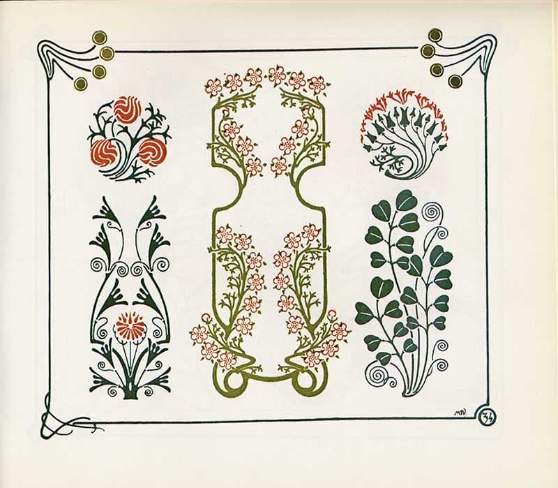 Combinaisons Ornementales plate with mirrored floral columns, leafy borders, and small pink blossoms in green and red.