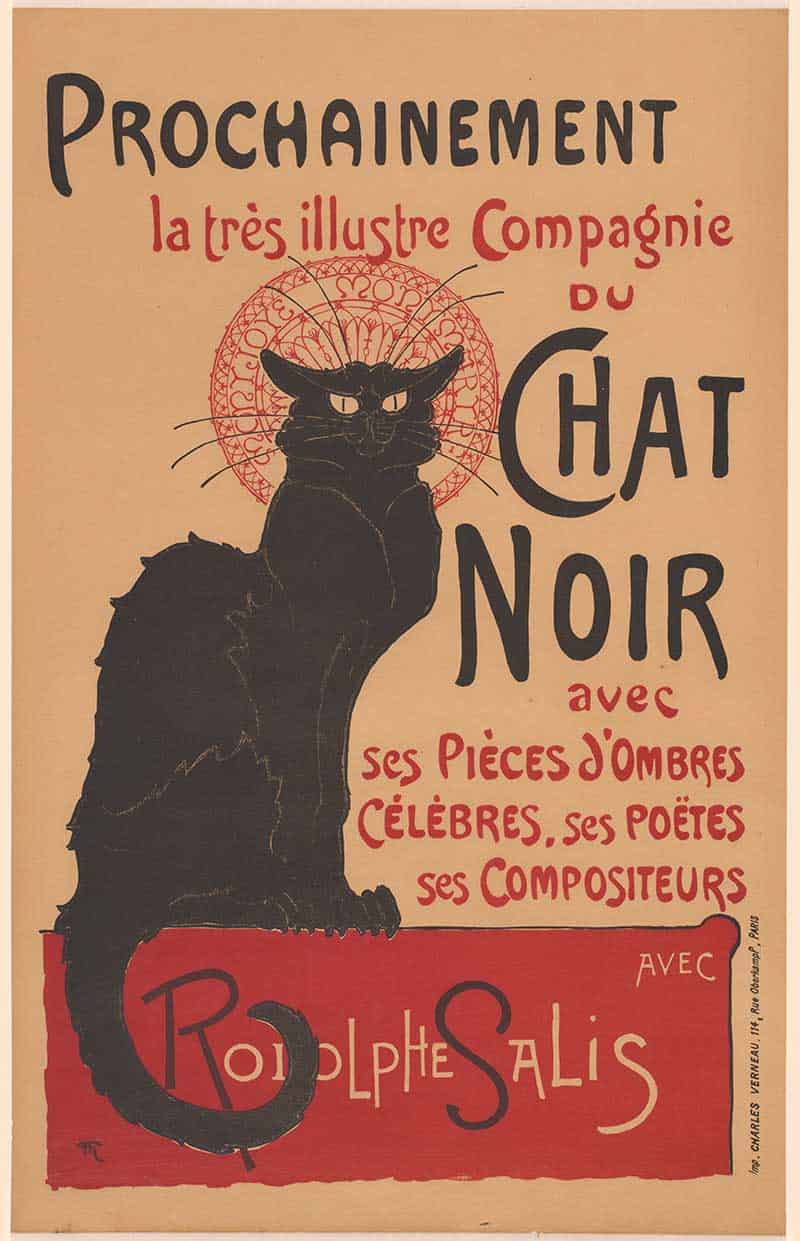 Théophile-Alexandre Steinlen Chat Noir poster for Rodolphe Salis’s shadow theatre company with a black cat.