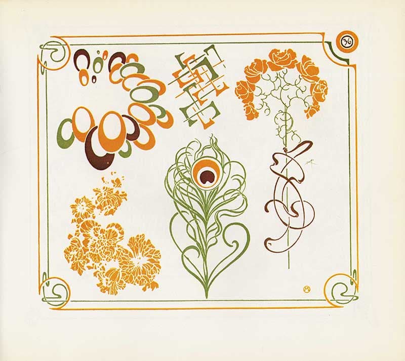 Combinaisons Ornementales plate with orange floral clusters, green peacock-feather motif, roses, and abstract line designs.