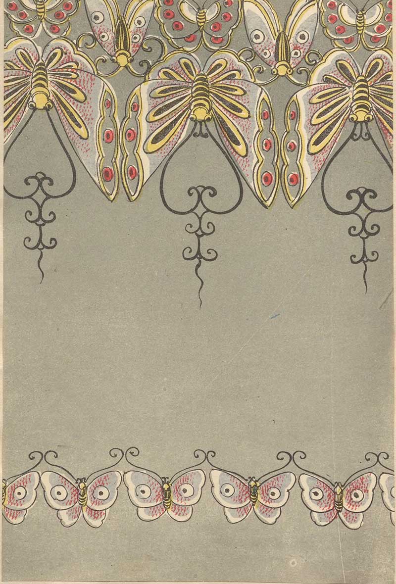 Grey border design with pink butterfly motifs and ornate yellow wing shapes in a vintage decorative print