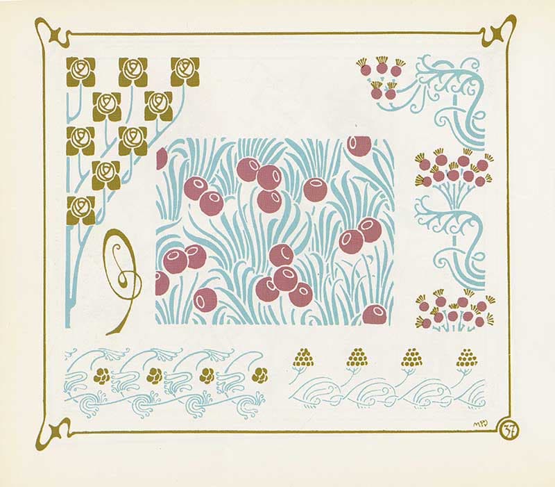 Combinaisons Ornementales plate with blue-green berry and leaf patterns, wave borders, and pale botanical ornament.