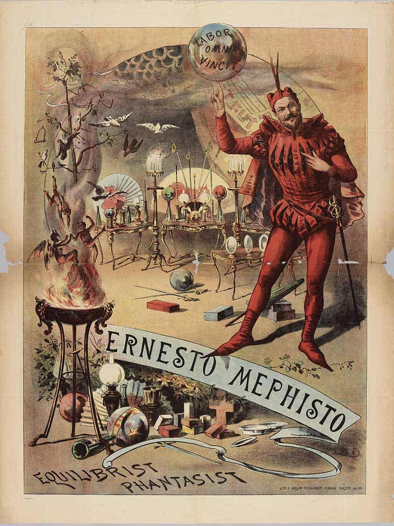 Ernesto Mephisto Equilibrist Phantasist magic poster with a devil-costumed performer and stage tricks.