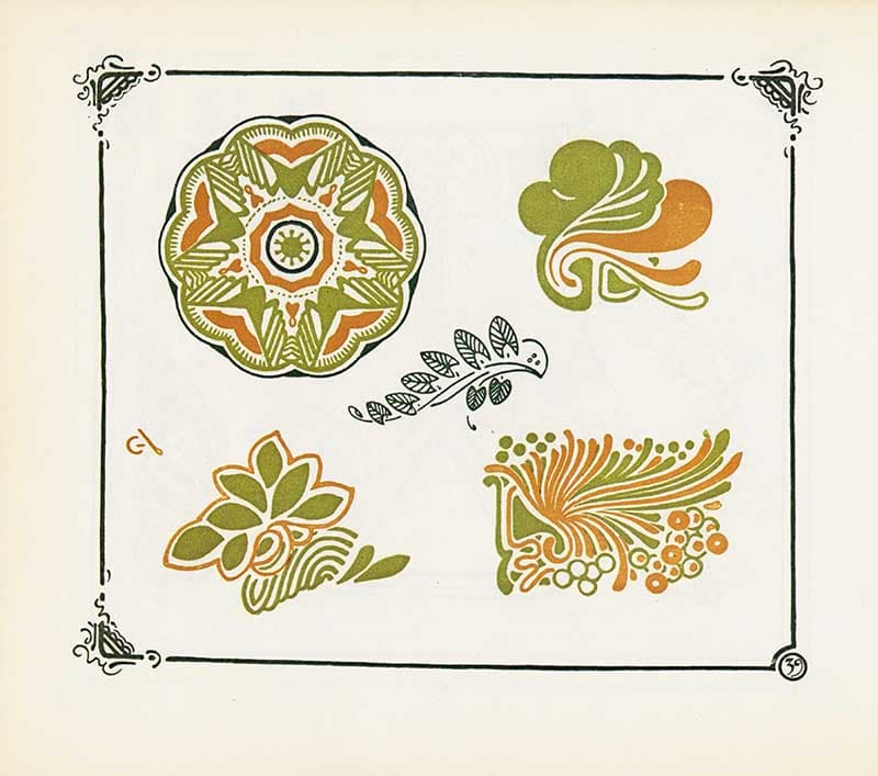 Combinaisons Ornementales plate with green, ochre, and orange circular rosette, leaf, and shell-like decorative motifs.