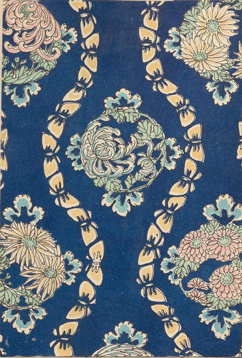 Dark blue floral print with vertical chains of yellow butterflies in a vintage decorative natural history pattern