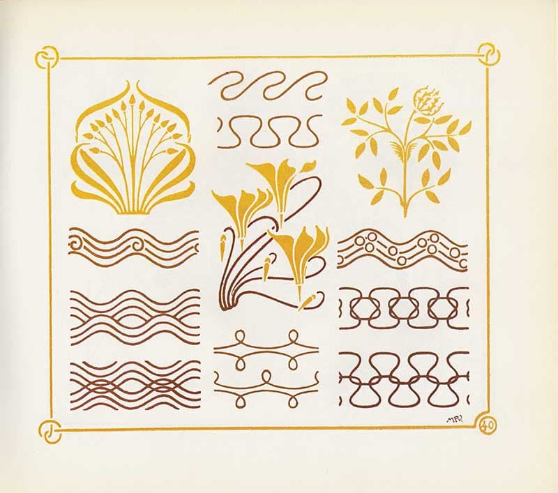 Combinaisons Ornementales plate of yellow shell forms, floral stems, waves, and looping border patterns.
