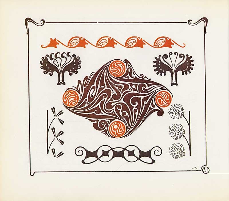 Combinaisons Ornementales plate with dark brown and orange abstract central ornament, trees, waves, and spiral borders.