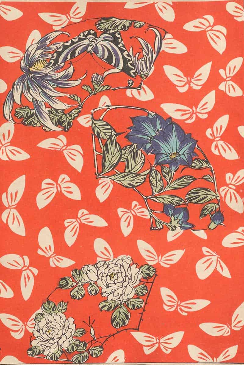 Red background with white butterfly silhouettes and floral medallions in a vintage decorative butterfly print