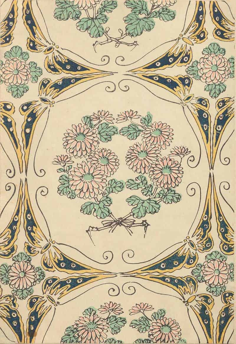 Symmetrical blue and yellow butterfly corners framing pink flowers in a vintage ornamental natural history design
