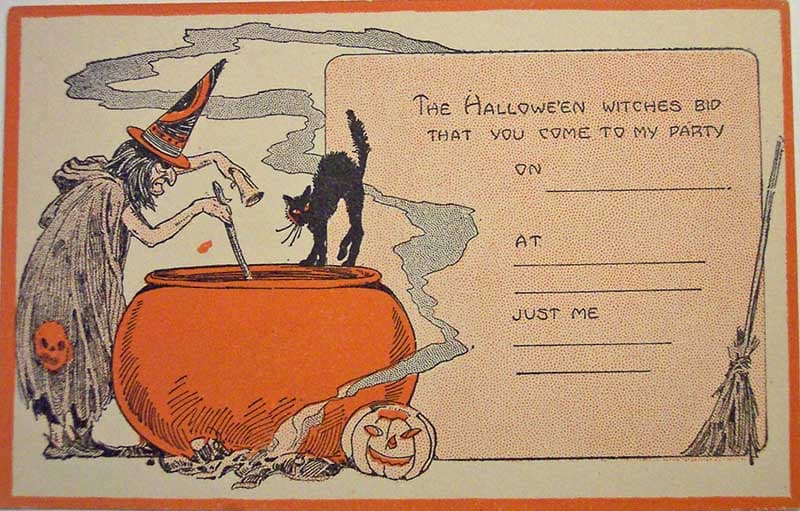 Vintage Halloween party invitation card with a witch stirring a cauldron, black cat and blank invite lines.
