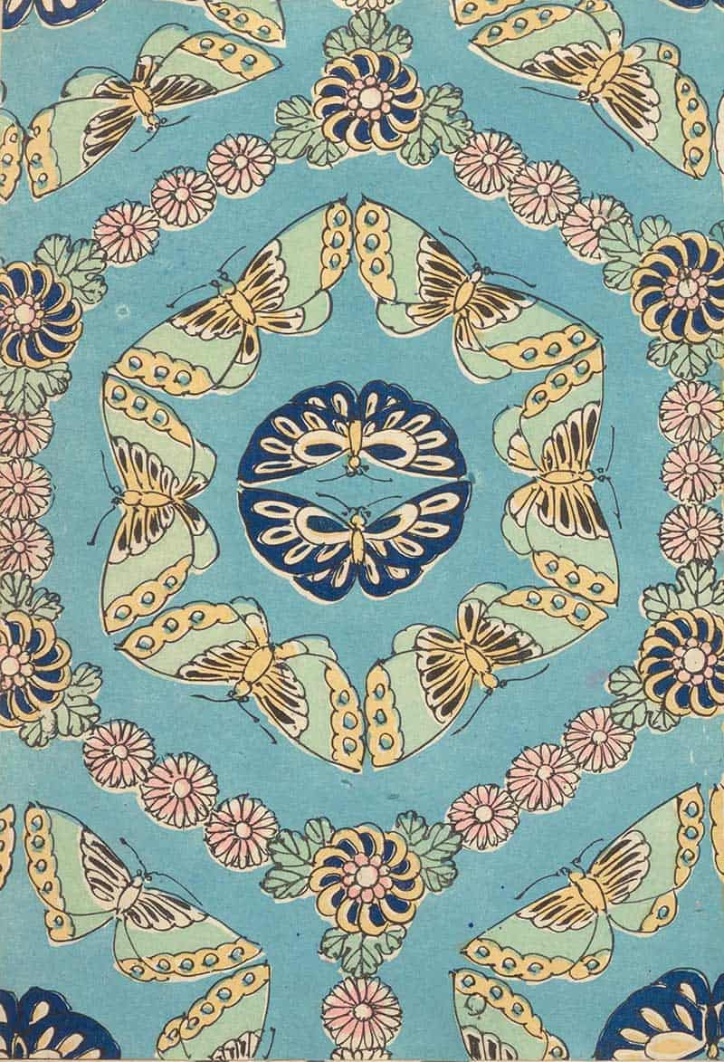 Turquoise geometric pattern with repeated yellow butterflies and small flowers in a vintage decorative natural history print
