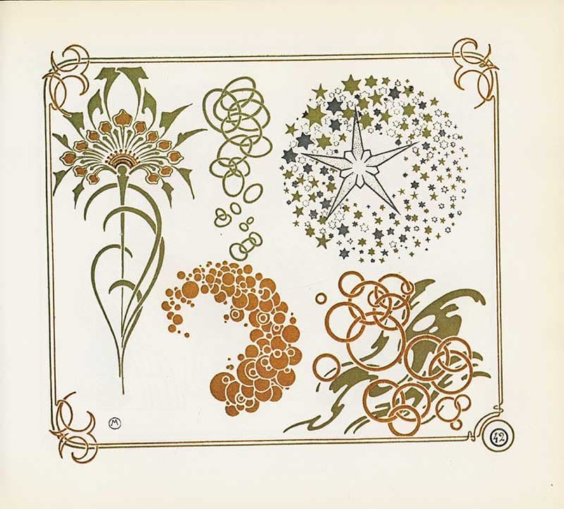 Combinaisons Ornementales plate with starburst, grape clusters, floral stalk, and interlaced circular motifs in green and ochre.