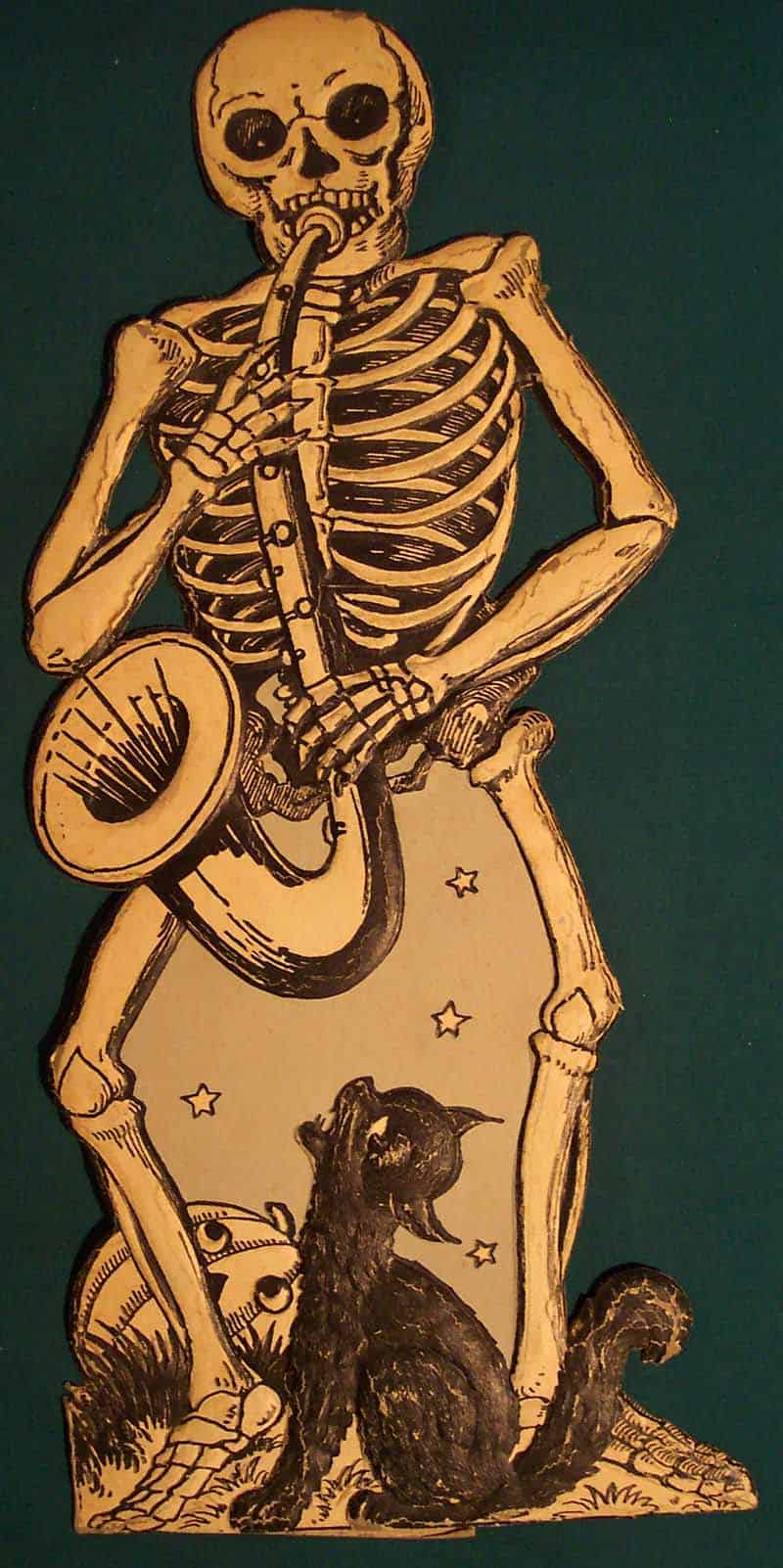 Halloween illustration of a skeleton playing a saxophone with a black cat at its feet.