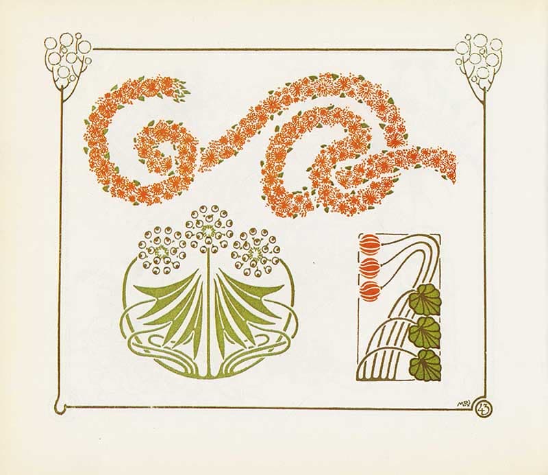 Combinaisons Ornementales plate with orange floral spirals, green scalloped fan motif, and geometric plant borders.