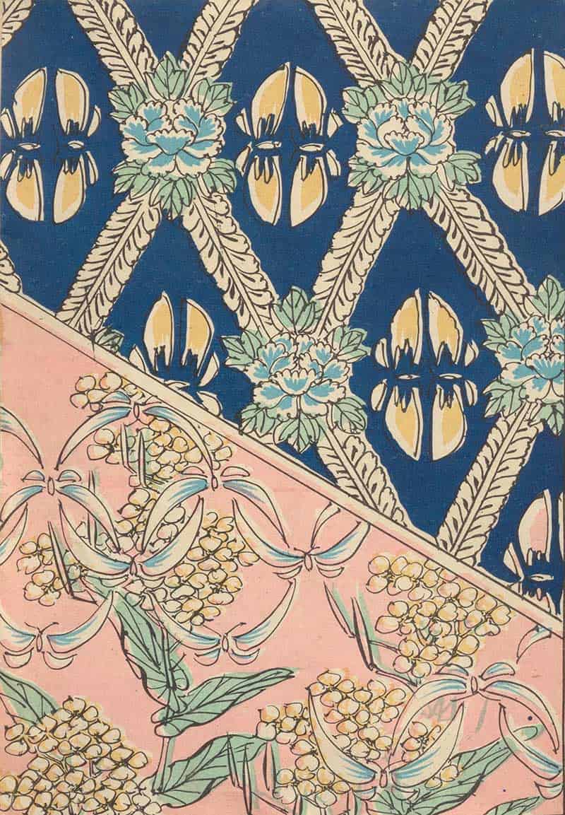 Blue and pink diagonal panels with stylised butterflies and flowers in a vintage decorative butterfly pattern