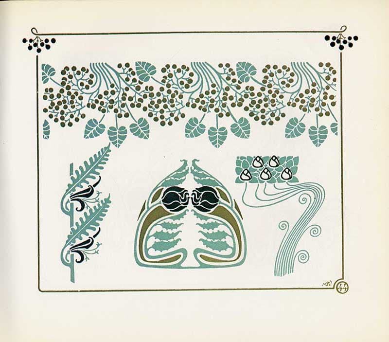Combinaisons Ornementales plate with teal leaf borders, berries, flowing water-like lines, and a central ornamental panel.