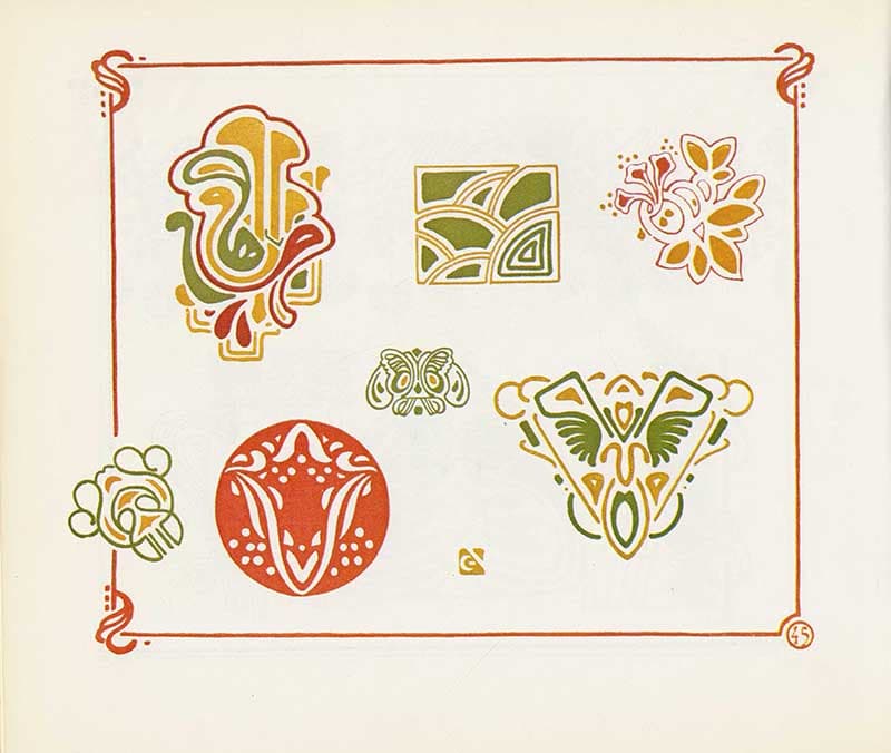 Combinaisons Ornementales plate with small abstract floral and geometric motifs in orange, green, yellow, and red.