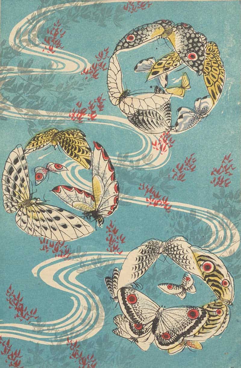 Turquoise print with pale butterflies and curling white stream motifs in a vintage Japanese-style natural history design