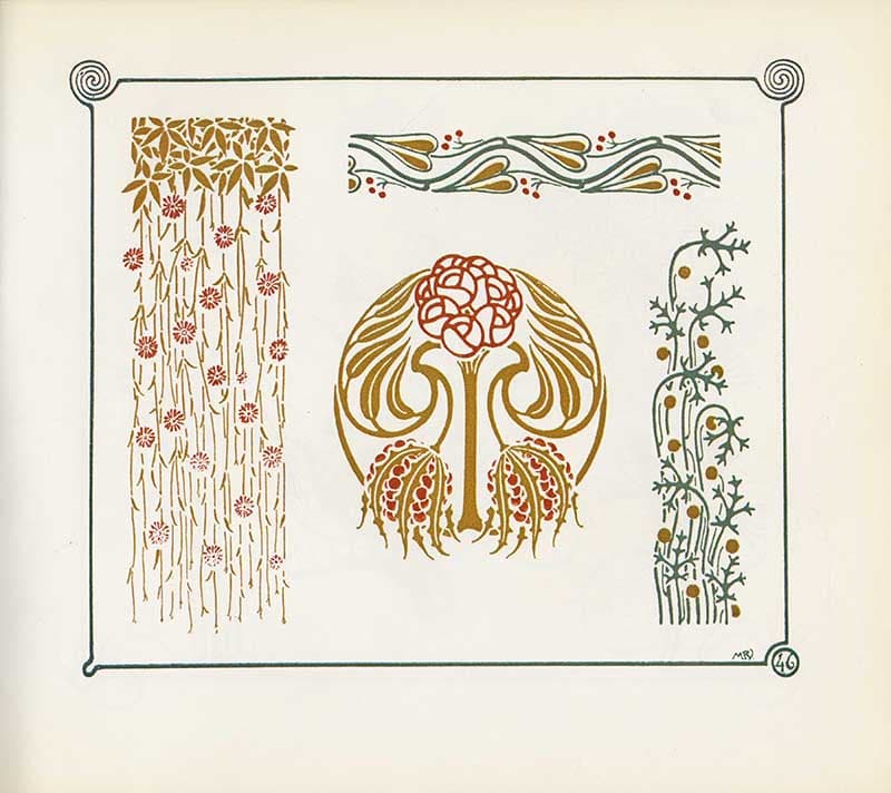 Combinaisons Ornementales plate with hanging floral strips, central tree-like ornament, and slender vine borders.