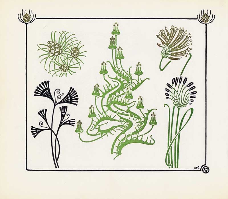 Combinaisons Ornementales plate with green and black botanical silhouettes, bell-shaped flowers, and fan-like plant forms.