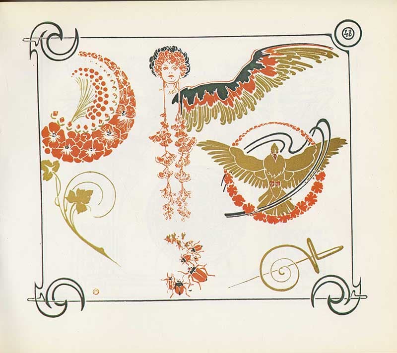 Combinaisons Ornementales plate with winged female figure, birds, flowers, and flowing orange-green Art Nouveau ornament.