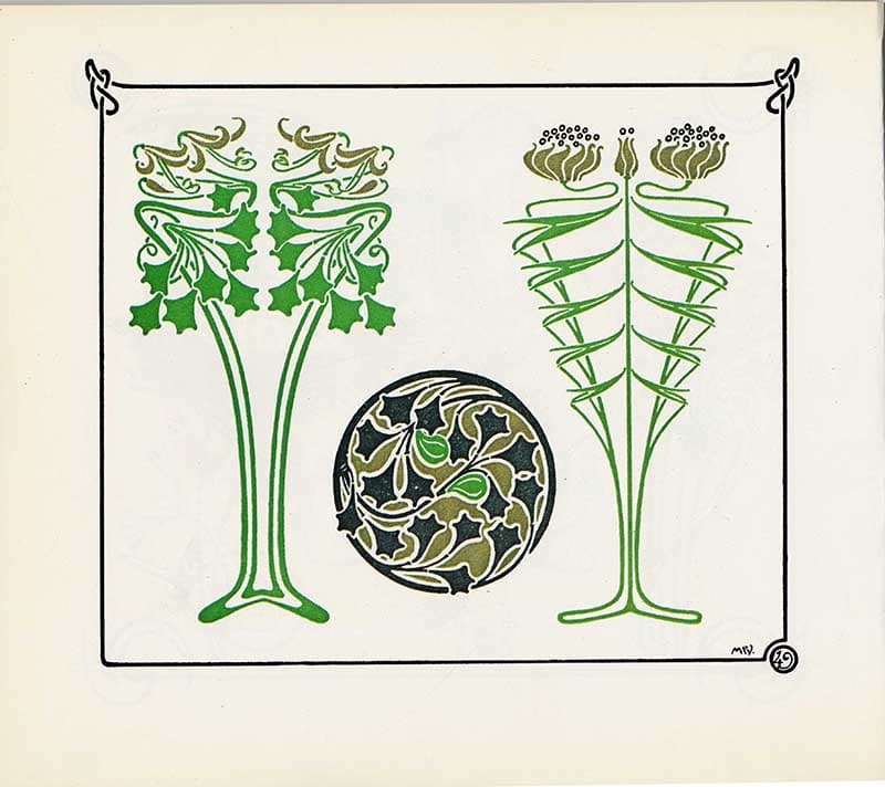 Combinaisons Ornementales plate with paired green plant stands and a dark circular floral medallion.