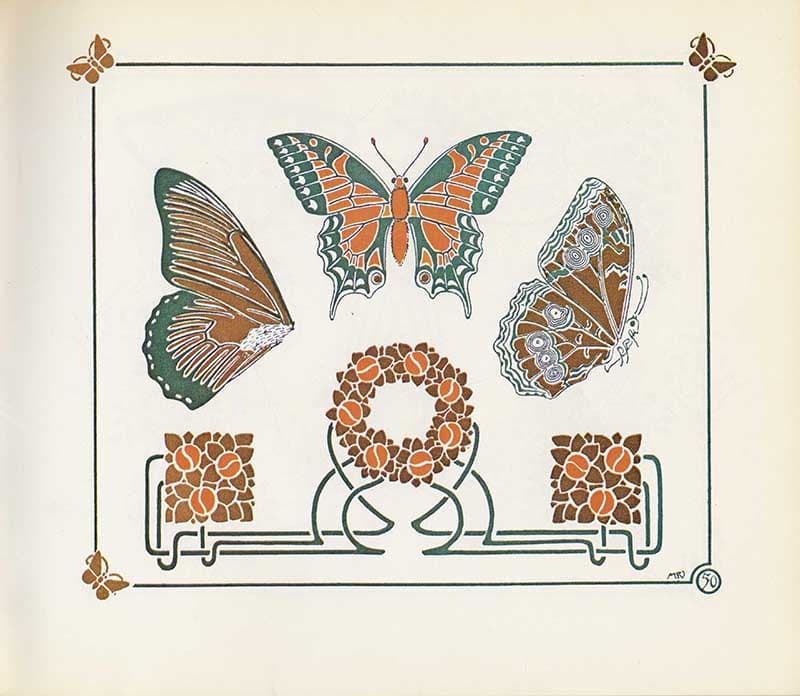 Combinaisons Ornementales plate with three butterflies, orange flower wreath, and square floral panels.