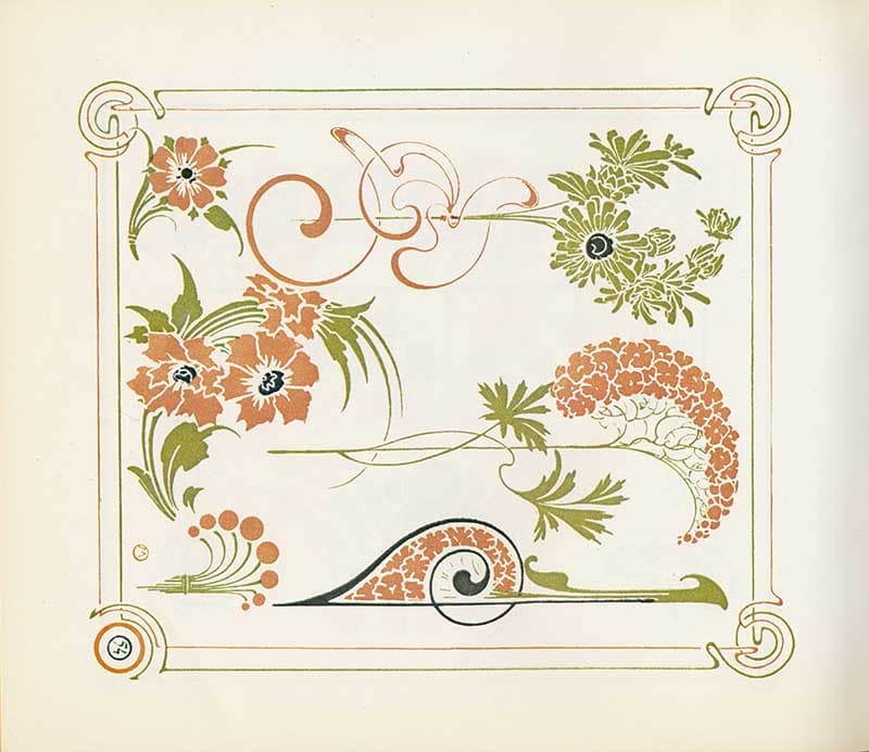 Combinaisons Ornementales plate with flowing floral scrolls, blossoms, foliage sprays, and a curved orange-and-green border.