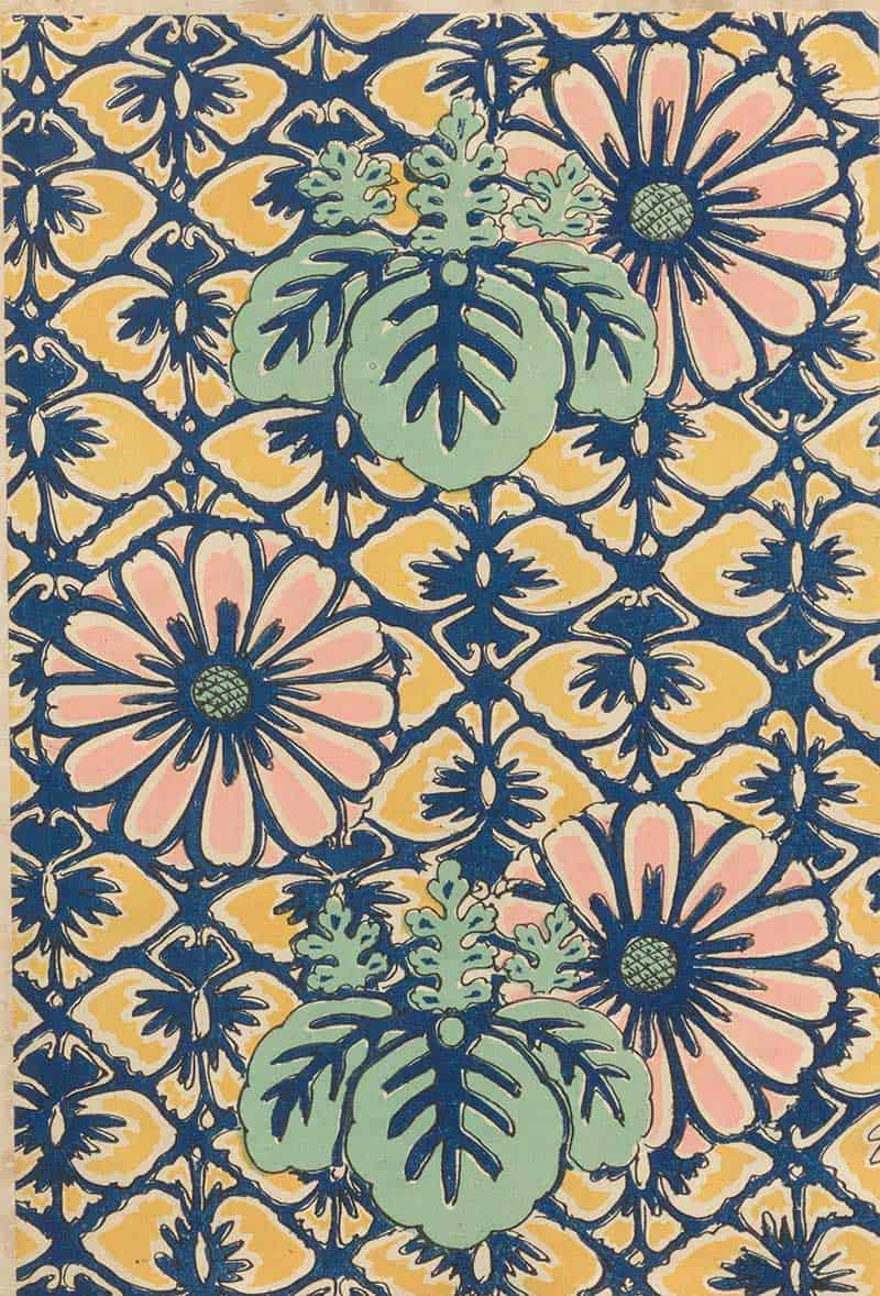 Pink flowers and blue foliage with dark scrolling vines in a vintage butterfly-inspired decorative pattern