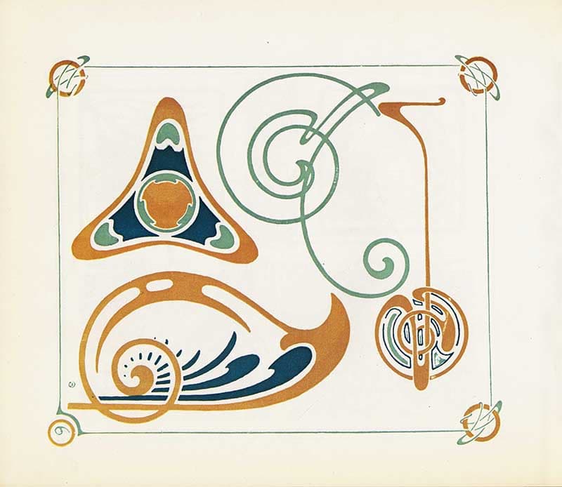 Combinaisons Ornementales plate with sweeping abstract scrolls and triangular motifs in ochre, green, and dark blue.