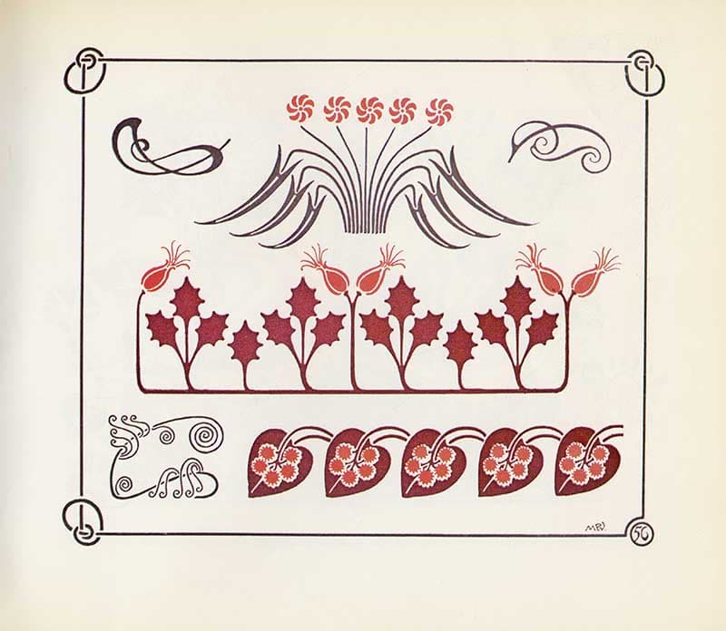 Combinaisons Ornementales plate with red thistle-like border, purple scrolls, and repeating red leaf-and-flower motifs.