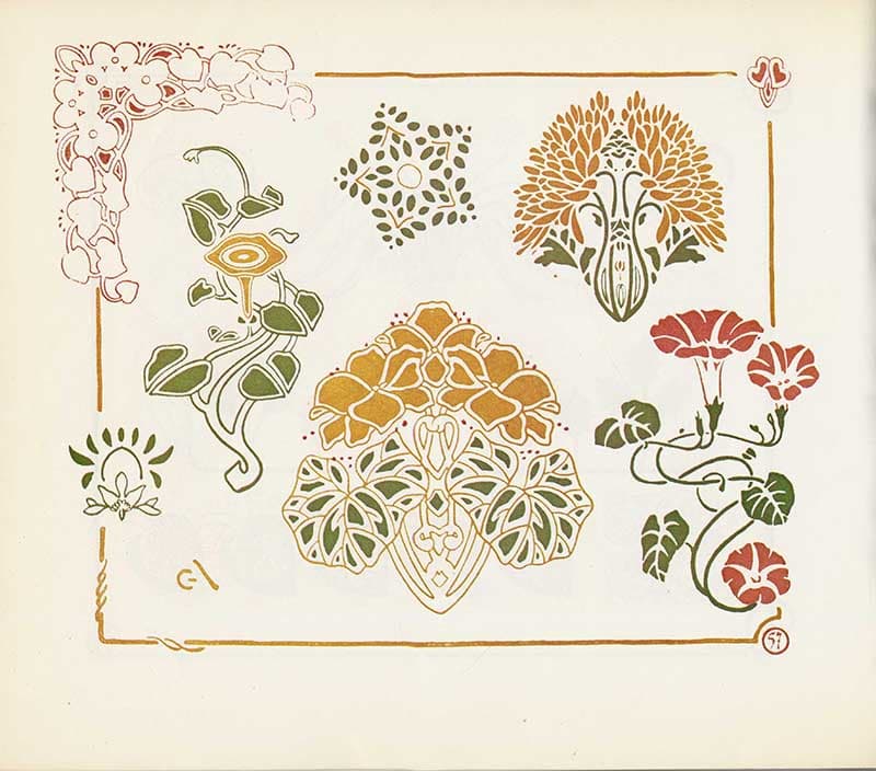 Combinaisons Ornementales plate with stylized flowers, leafy vines, pale green rosettes, and red mushroom-like motifs.
