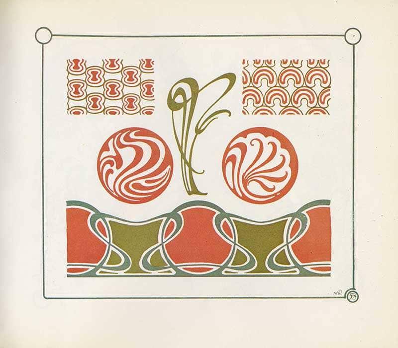 Combinaisons Ornementales plate with red geometric bands, orange circular motifs, and green looping border ornament.